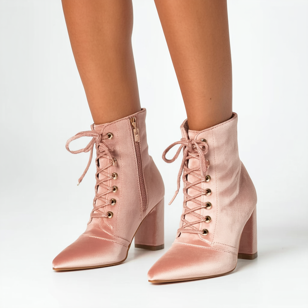 Women Velvet Pointy Toe Lace Up Chunky Heel Bootie GA23 - Blush