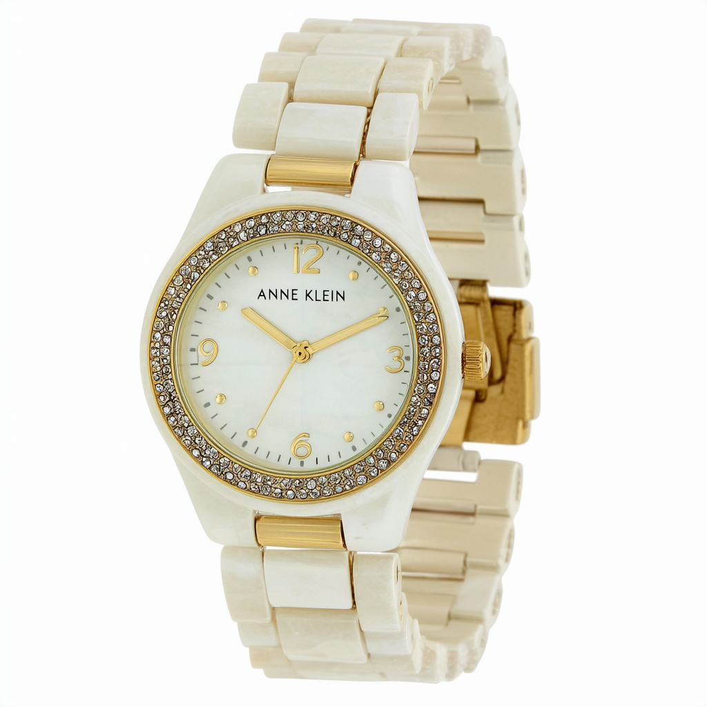 Anne Klein Women's AK/2182IVGB Glitter Accented Gold-Tone and Ivory Ceramic Bracelet Watch
