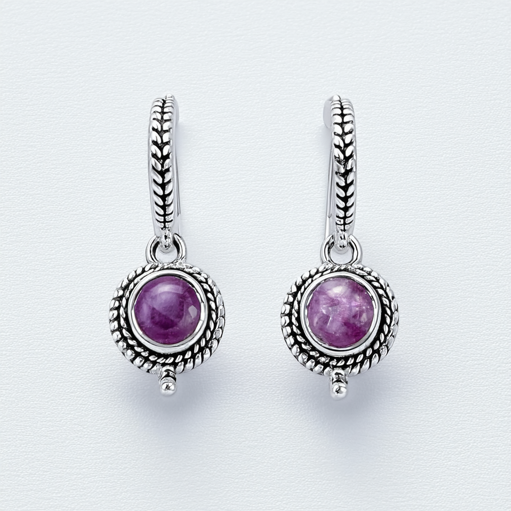 Amazon Collection Sterling Silver Round Gemstone with Bali Inspired Border Euro Wire Earrings