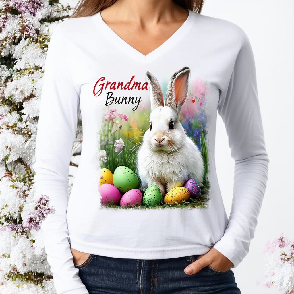 Personalized Grandma Bunny Art T-Shirt - Easter Day Women's V-Neck Long Sleeve Cotton, Multicoloured