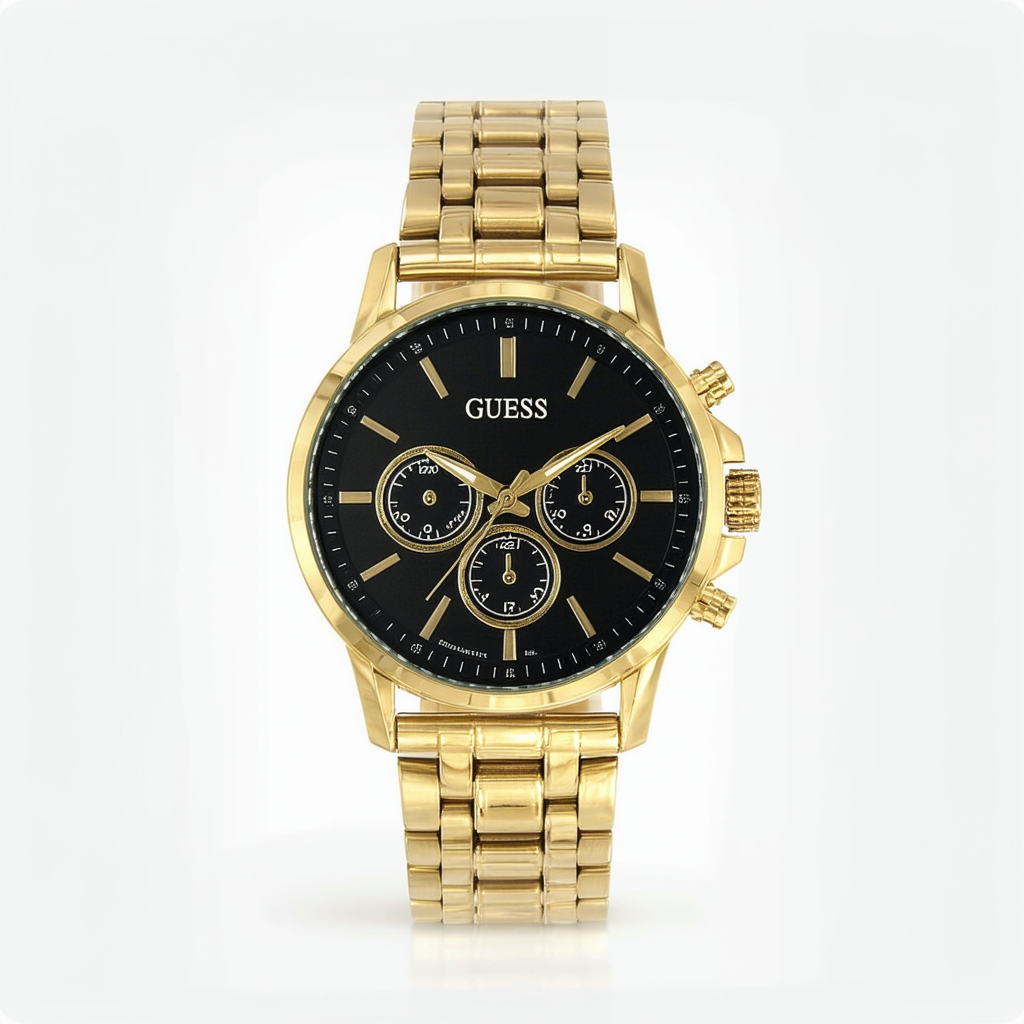 GUESS Men's 44mm Gold-Tone Steel Bracelet & Case Quartz Black Dial Analog Watch W1107G4