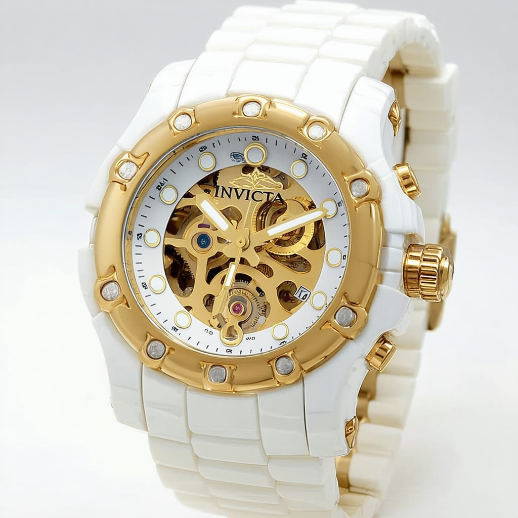 Invicta Men's 1114 Lupah Mechanical Gold Tone Skeleton Dial White Ceramic Watch