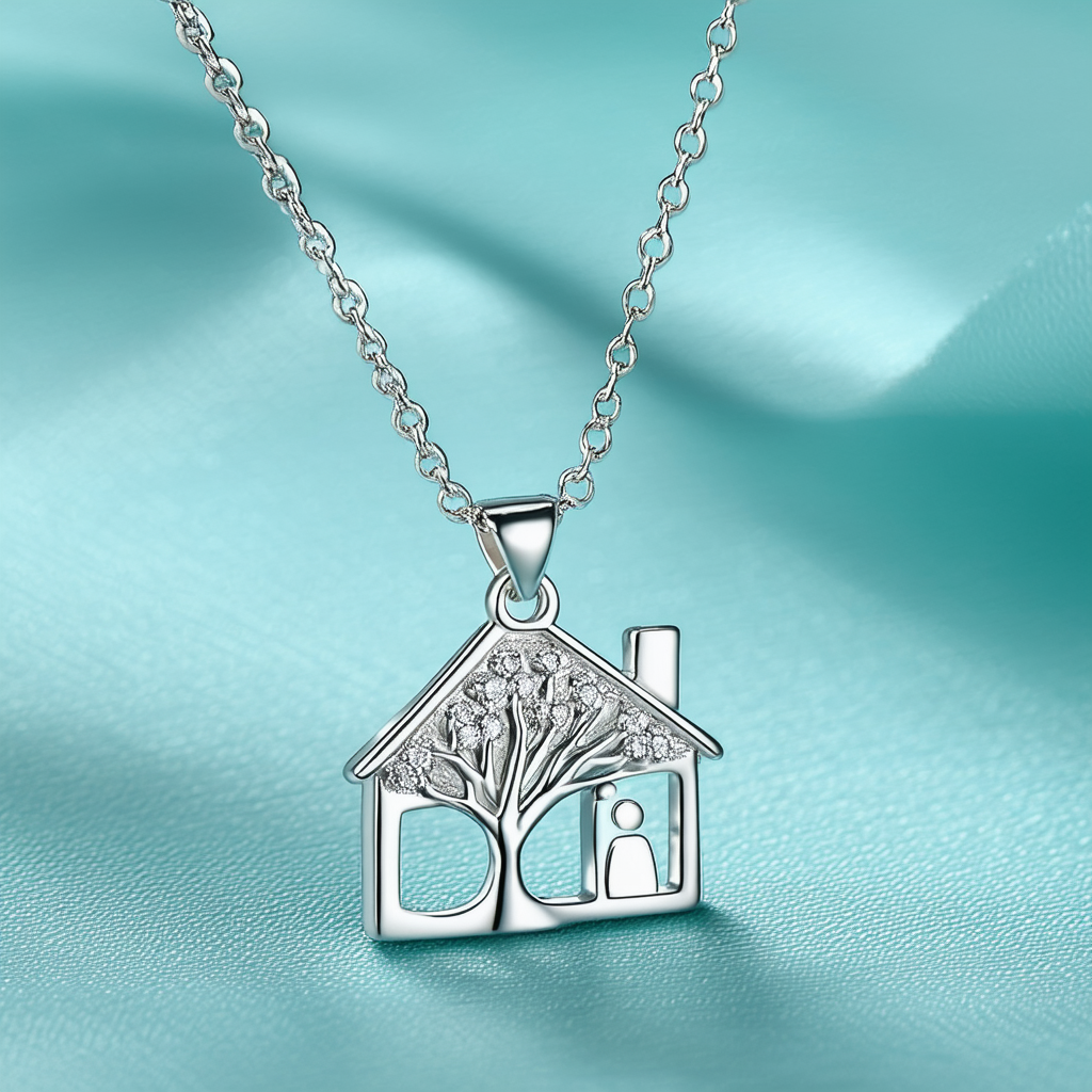 Amazon Collection Sterling Silver "Family", House and Tree Charm Pendant Necklace, 18"