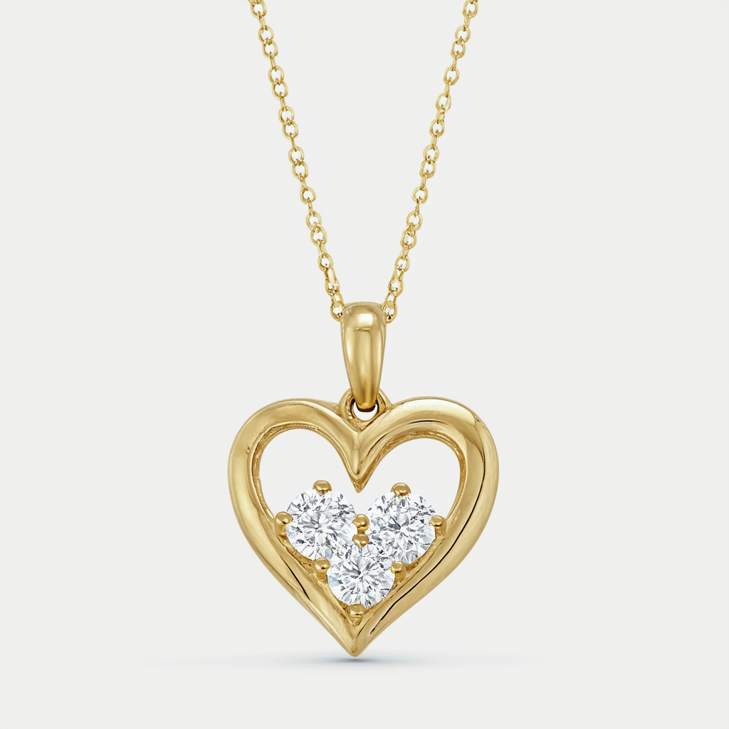Amazon Collection 10k Gold Diamond Mom and Child 3-Stone Heart Pendant Necklace (0.06 cttw)