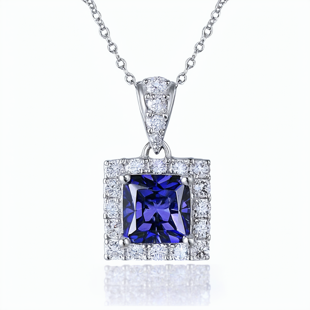 Amazon Collection Sterling Silver Square Gemstone and Cubic Zirconia Pendant Necklace, 18"