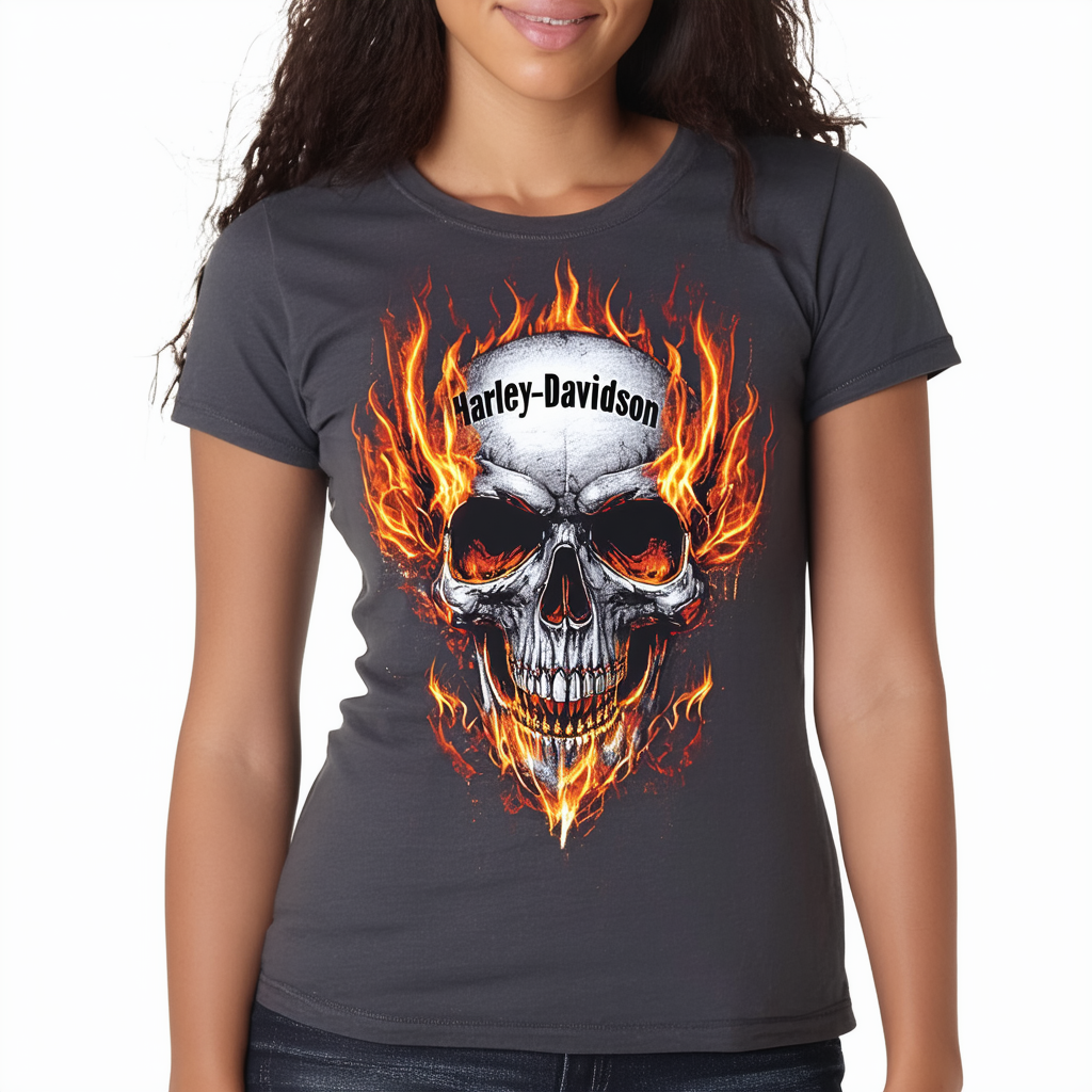 Harley-Davidson Women's Juniors Tee, Embellished Fire Shield Skull, Charcoal