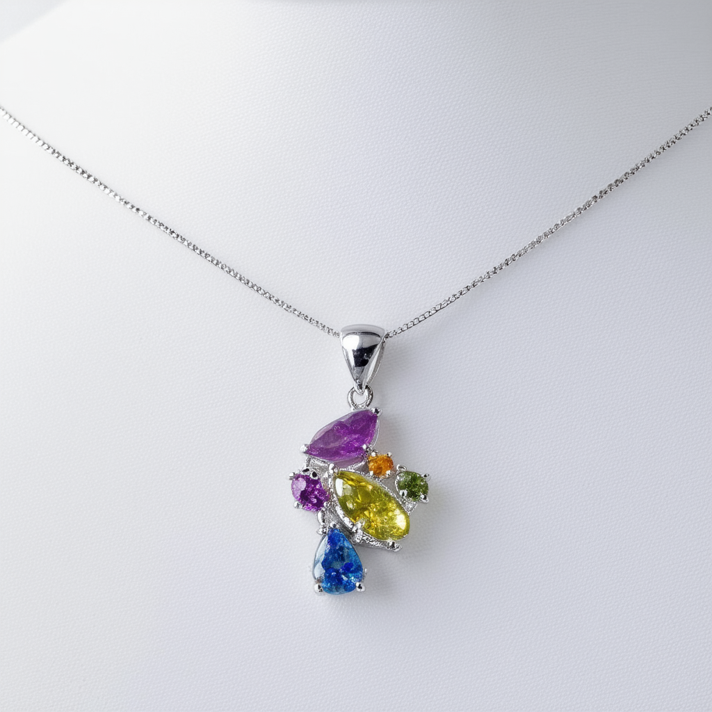 Sterling Silver Multi Gemstone Pendant Necklace, 18"