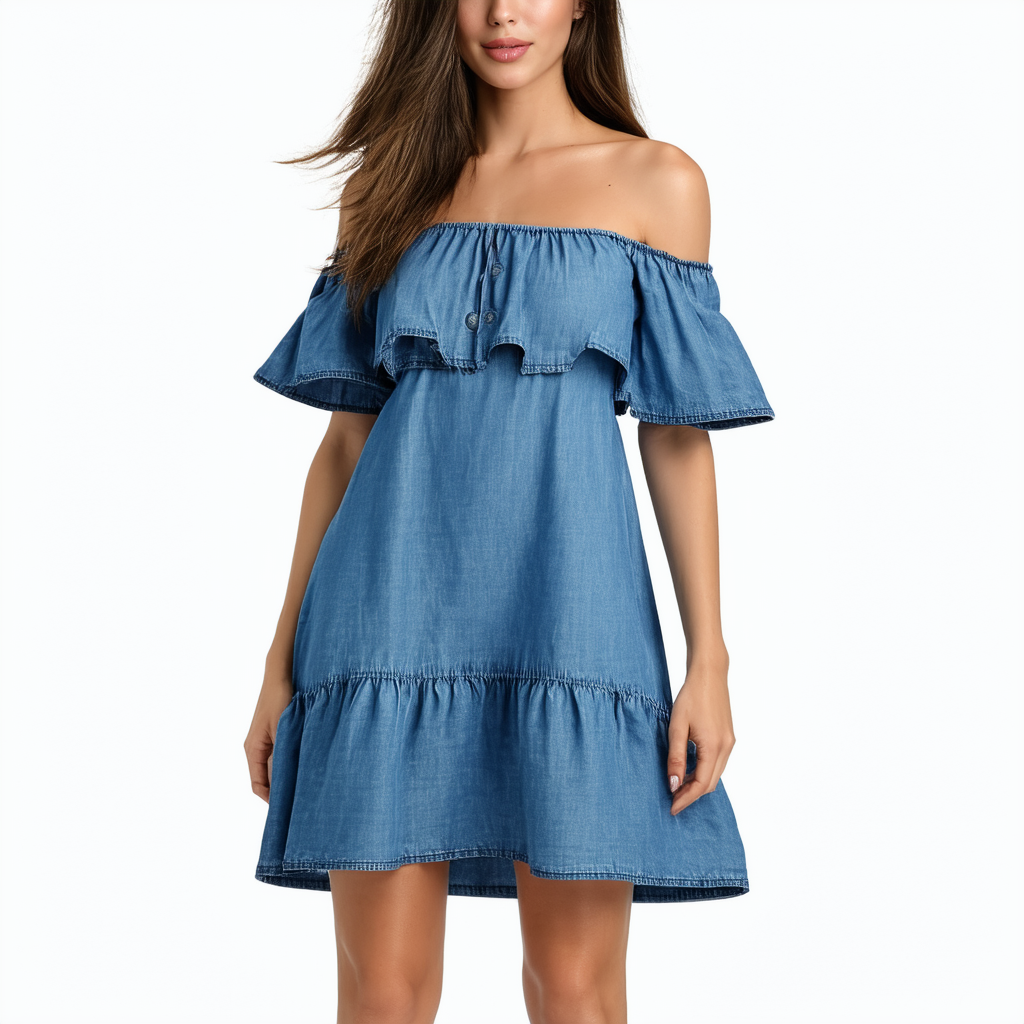 Women's Off Shoulder Flouncing Denim Look Shift Dress Blue Fashion