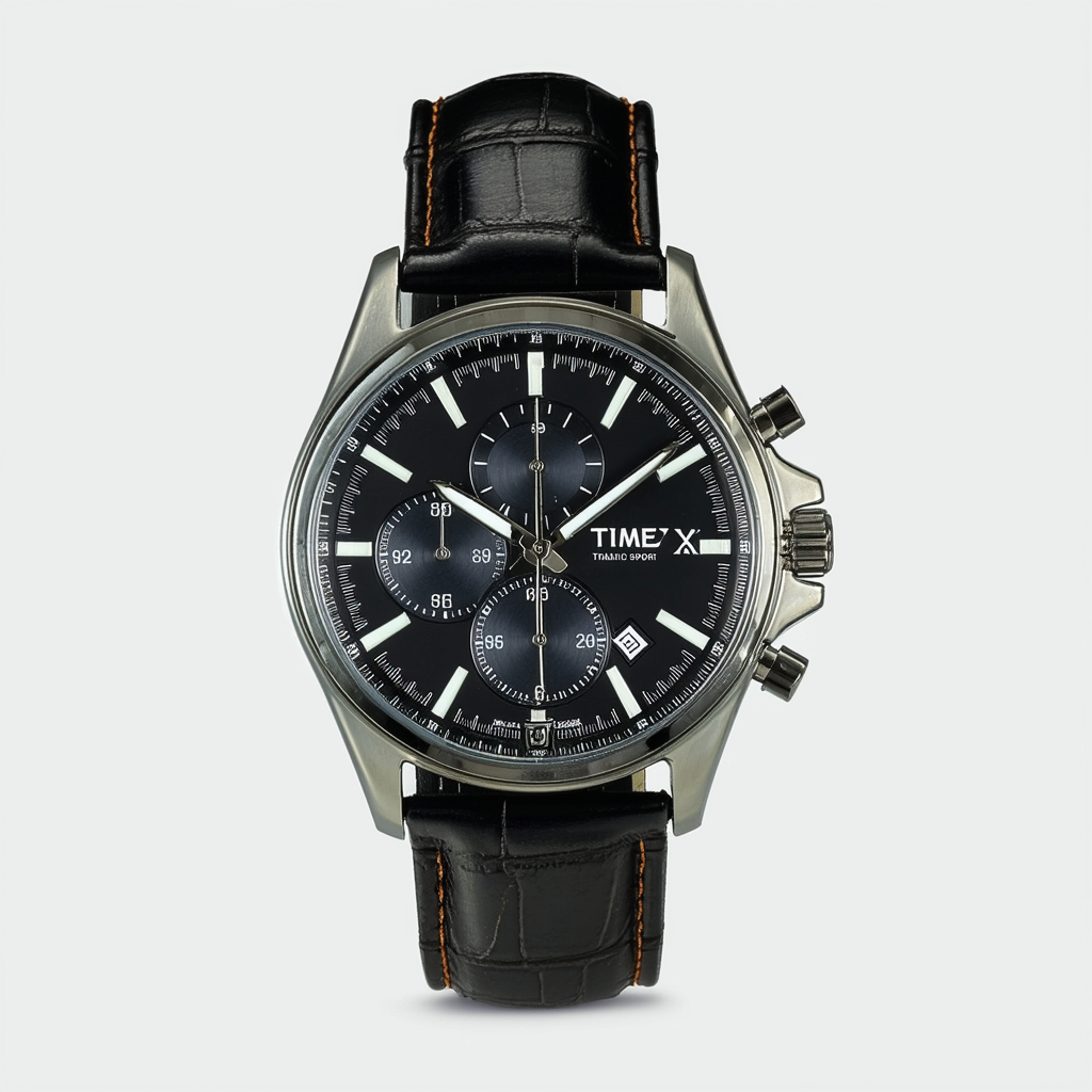 Timex Men's T2M809 Classic Sport Black Leather Strap Steel Watch Day & Date Subdials
