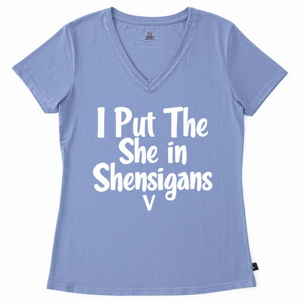 Threadrock Women's I Put The She in Shenanigans V-Neck Jersey T-Shirt
