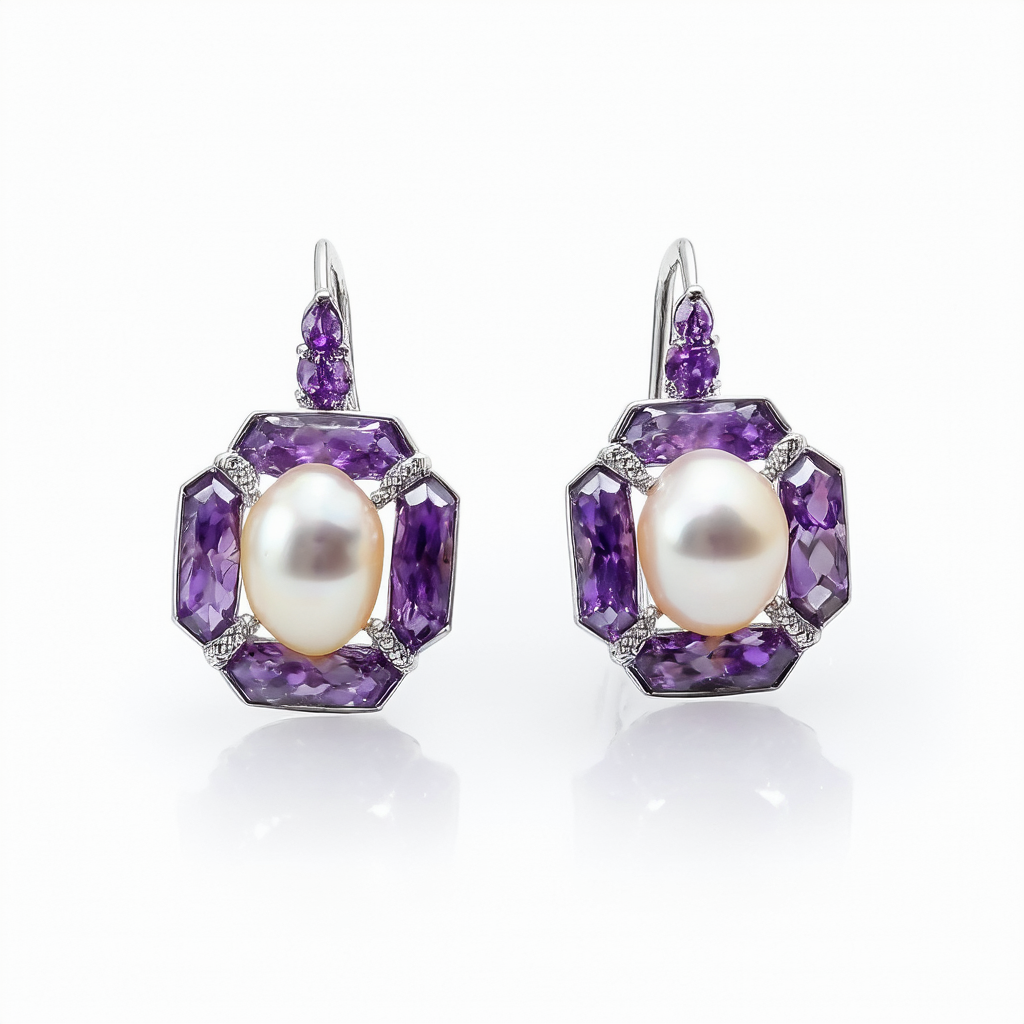 White Mabe Cultured Pearl and Octagon Amethyst Balinese Style Sterling Silver Earrings (13-14mm)