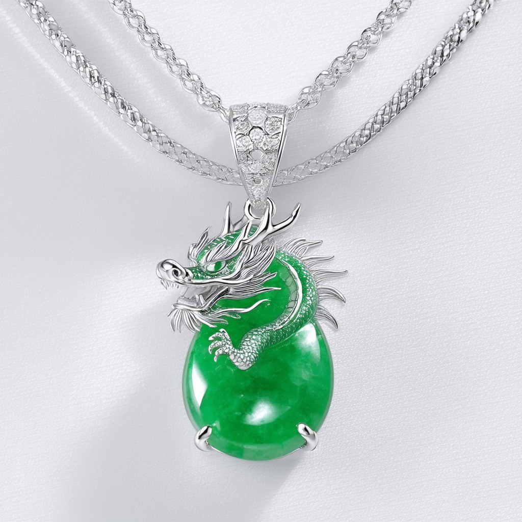 Amazon Collection Rhodium-Plated Sterling Silver Green Jade Small Dragon Pendant Necklace, 18"