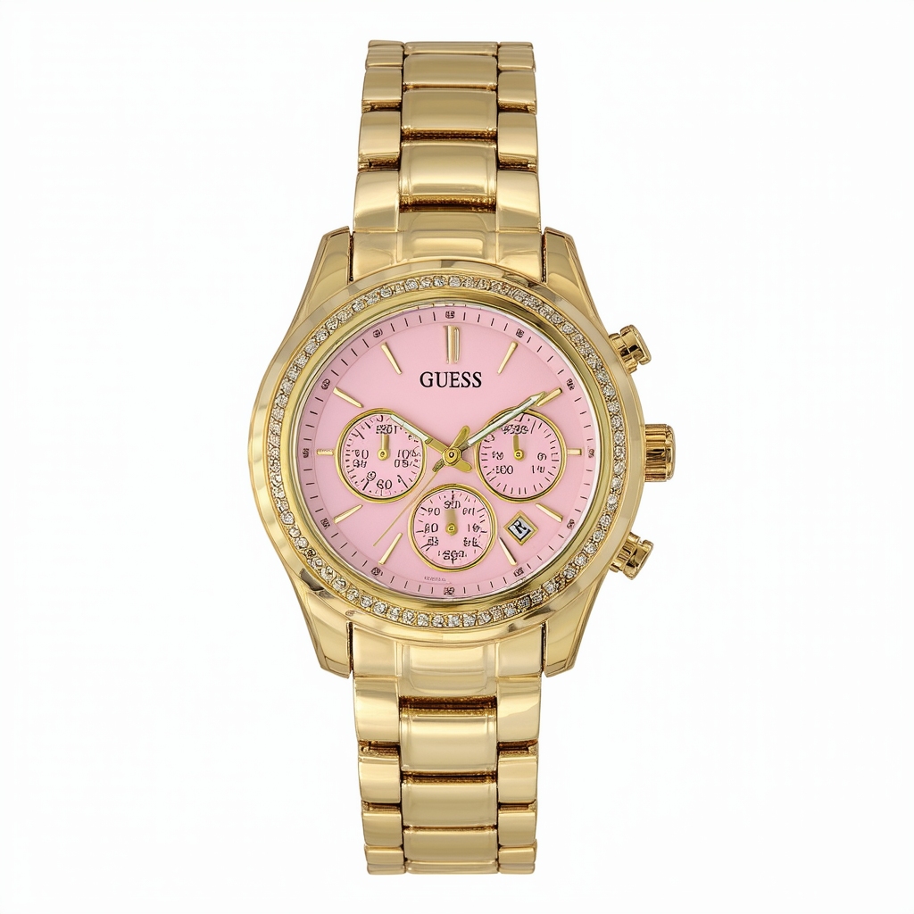 GUESS Women's U0330L4 Gold-Tone Multi-Function Watch with Pink Dial