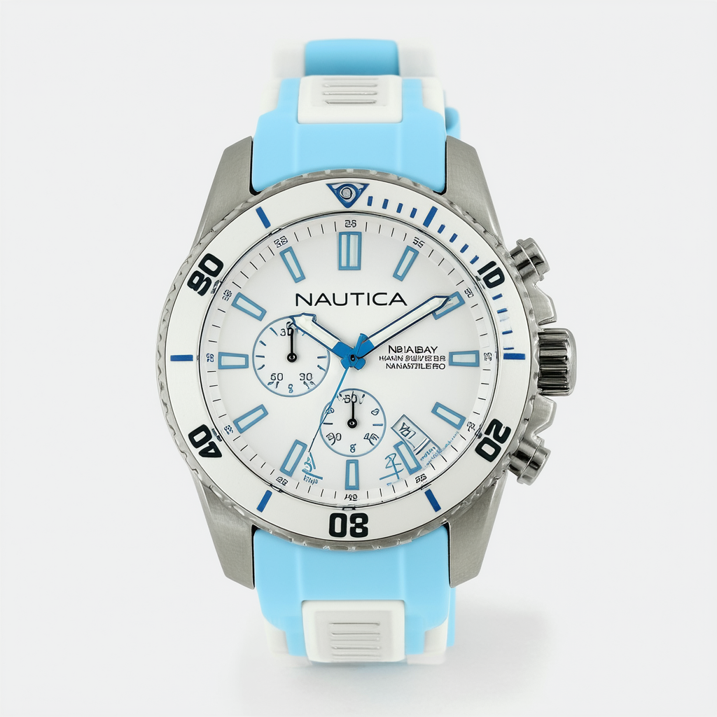 Nautica N83 Men's NAPHBS120 Hannay Bay Silver-Tone/White/Light Blue Silicone Strap Watch