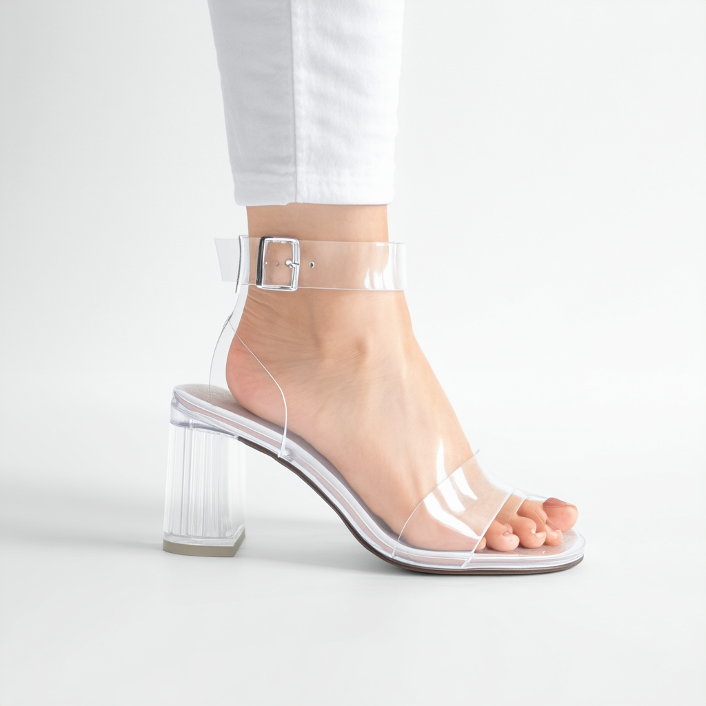 Women PVC Open Toe Lucite Ankle Strap Blockl Heel Sandal GA33 - Clear