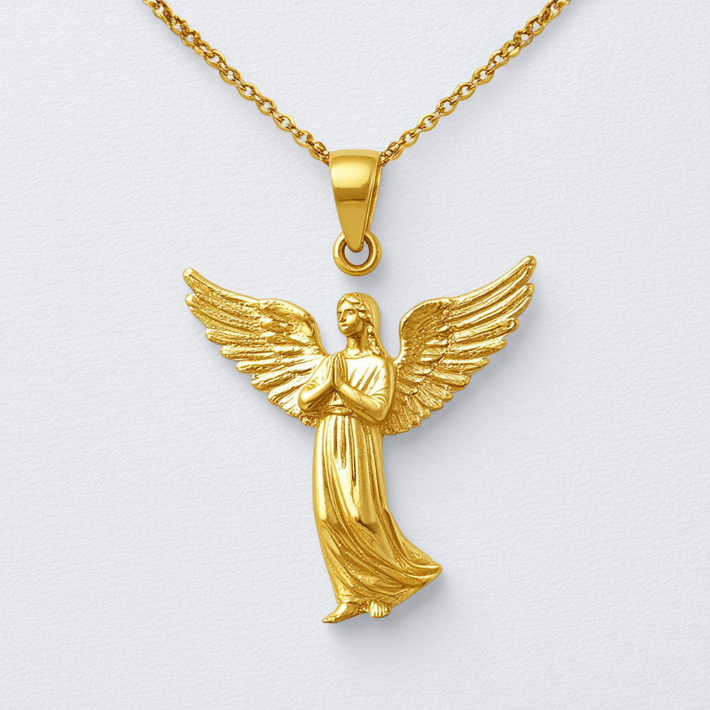 Amazon Collection 10k Yellow Gold Guardian Angel with Prayer Pendant Necklace
