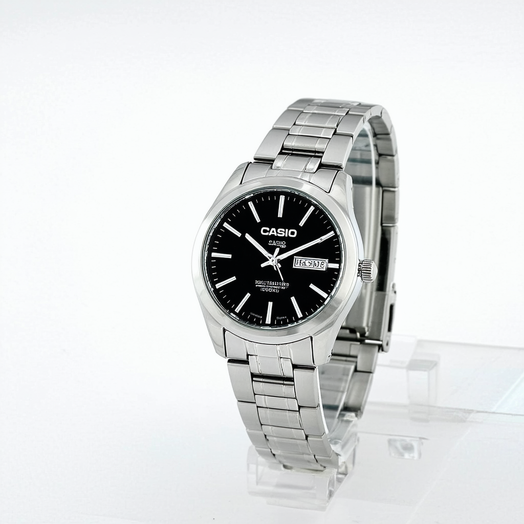 Casio MTP-V006D-1B2 Men's Stainless Steel Easy Reader Black Dial Day Date Analog Dress Watch