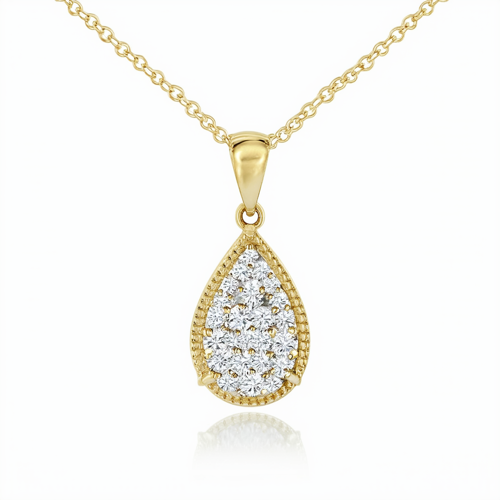 Amazon Collection 10k Yellow Gold Diamond Framed Tear Drop Pendant Necklace, 18"