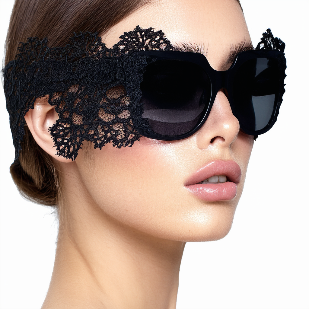 Designer Inspired Large Oversized Shield Wrap Around Lace Sunglasses (Black-Lace)