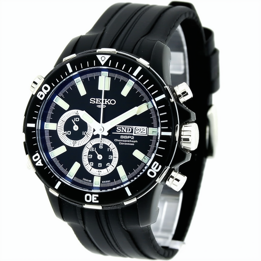 Seiko SNDD95P2 Mens Chronograph Stainless Steel Case Rubber Bracelet Black Dial Watch