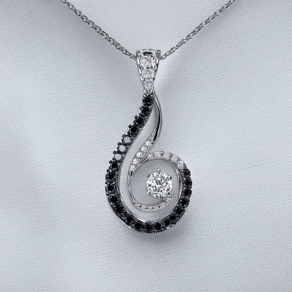 Amazon Collection Sterling Silver Black and White Diamond Swirl Pendant Necklace (1/2 cttw),18"