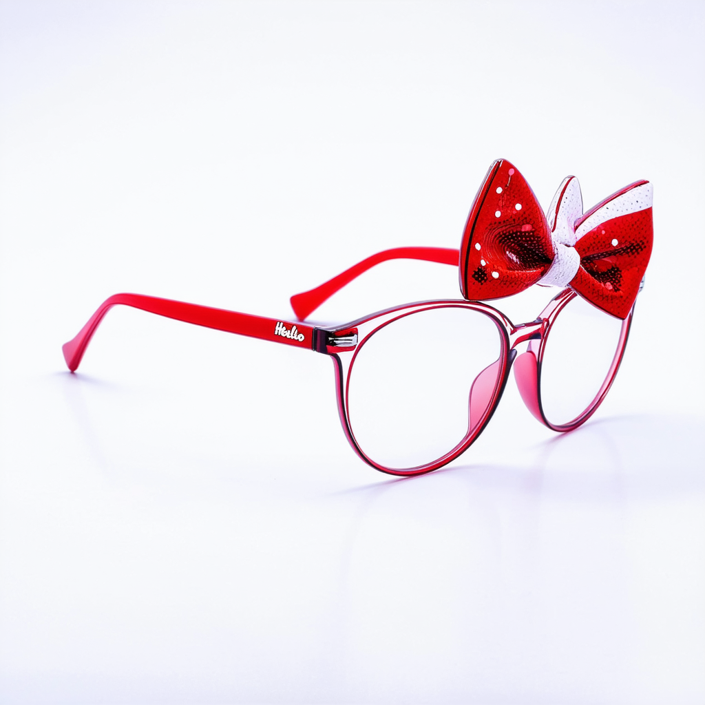Womens Mod Cat Eye Clear Lens Horn Rimmed w/Hello Kitty Bow (Red White Bow)