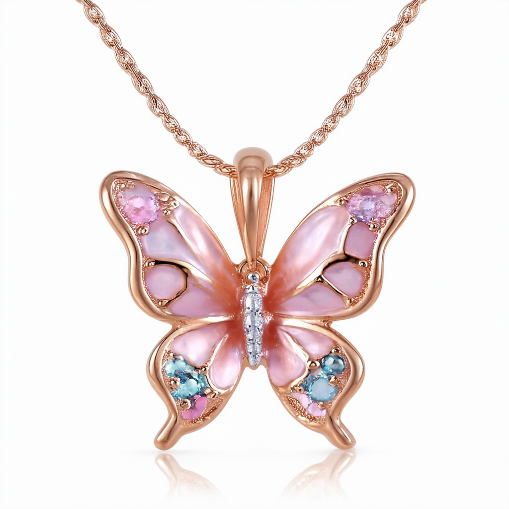 Sterling Silver with Pink Plating Multi-Color Butterfly Pendant Necklace, 18"