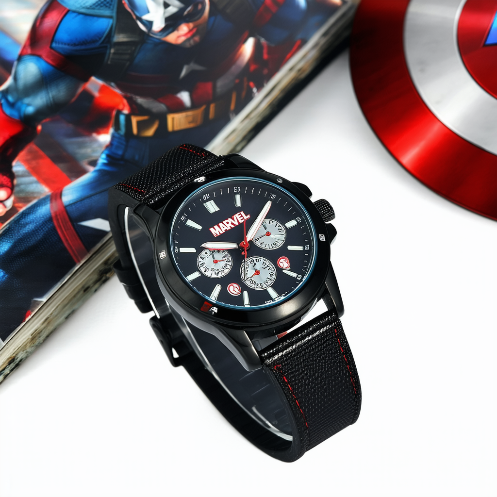 Marvel Captain America Men's WMA000052 Comics Analog Display Analog Quartz Black Watch