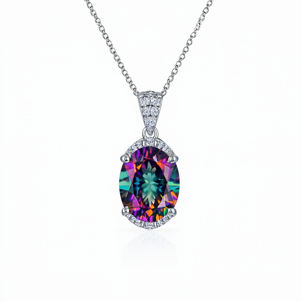 Amazon Collection Sterling Silver Mystic Fire Topaz and Diamond-Accented Oval Pendant Necklace, 18"