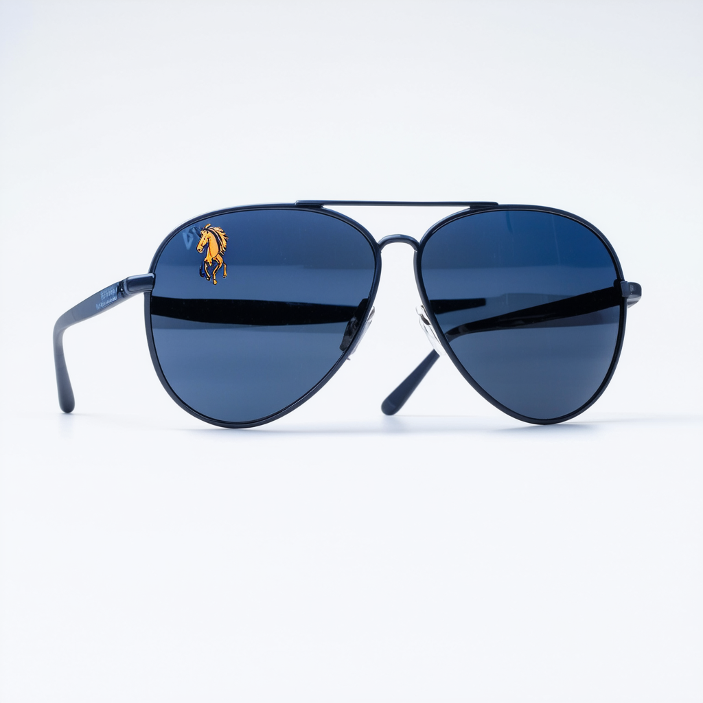 Large Retro Stunner Plastic Aviator Sunglasses w/Horse Logo (Dark Blue)