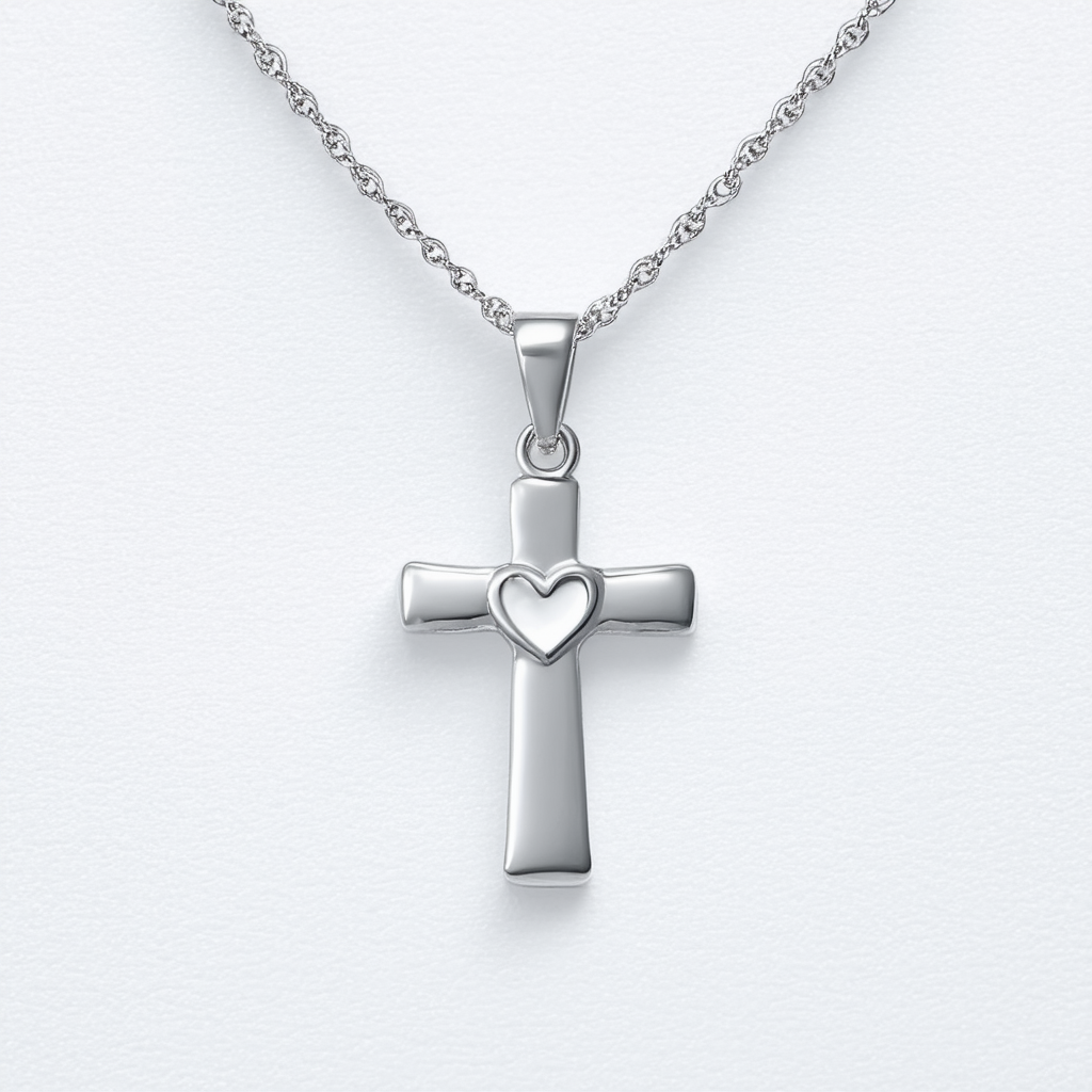 Amazon Collection Sterling Silver Children's Cross with Heart Pendant Necklace, 16"