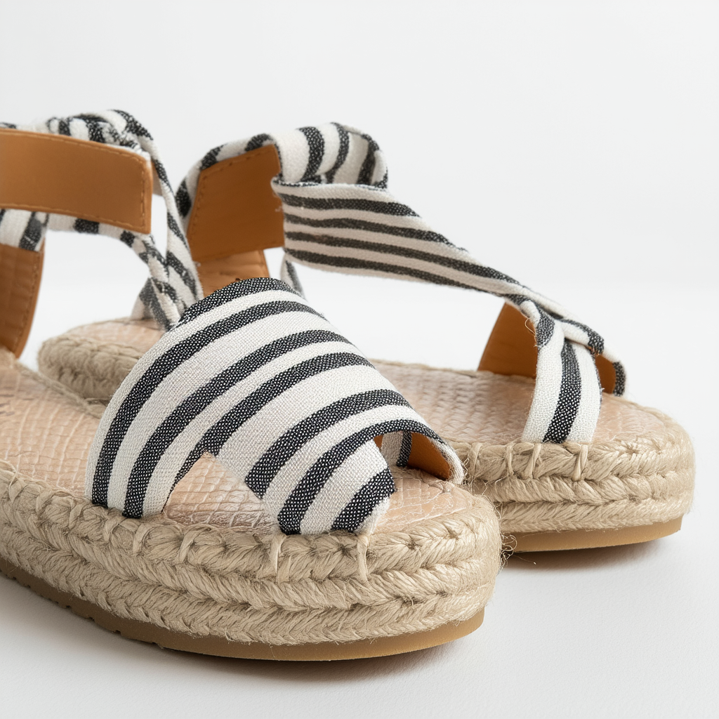 Qupid Sequoia Flats for Women - Striped Closed Toe Strappy Espadrille Sandals