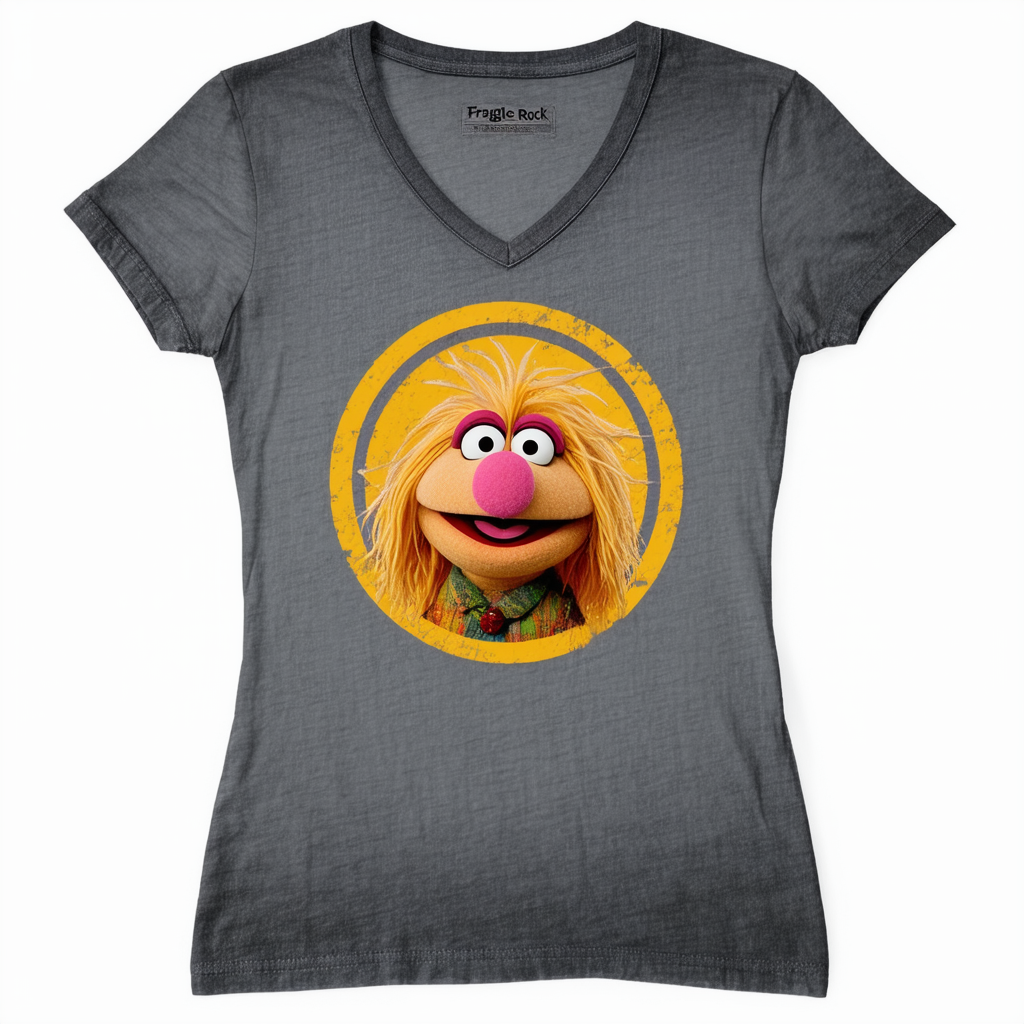 Fraggle Rock Circle Logo Juniors' Sheer Fitted V-Neck T Shirt