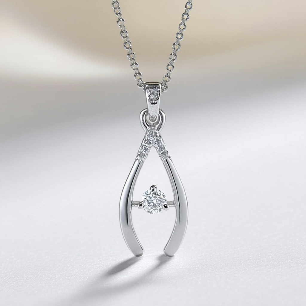 Amazon Collection 14k White Gold Diamond Wishbone Pendant (.07 cttw, J Color, I2 Clarity), 18"