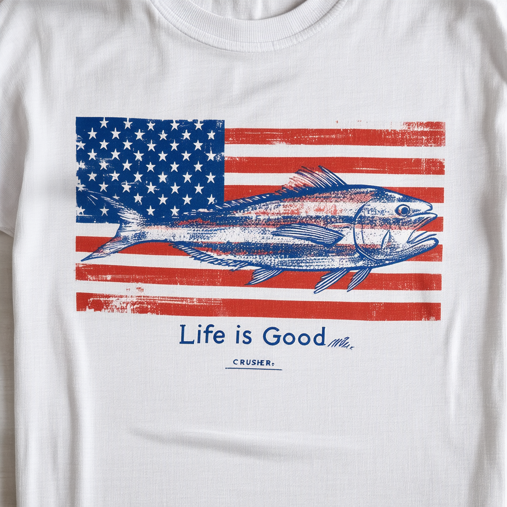 Life is Good Men's Crusher Graphic T-Shirt American Flag Fish