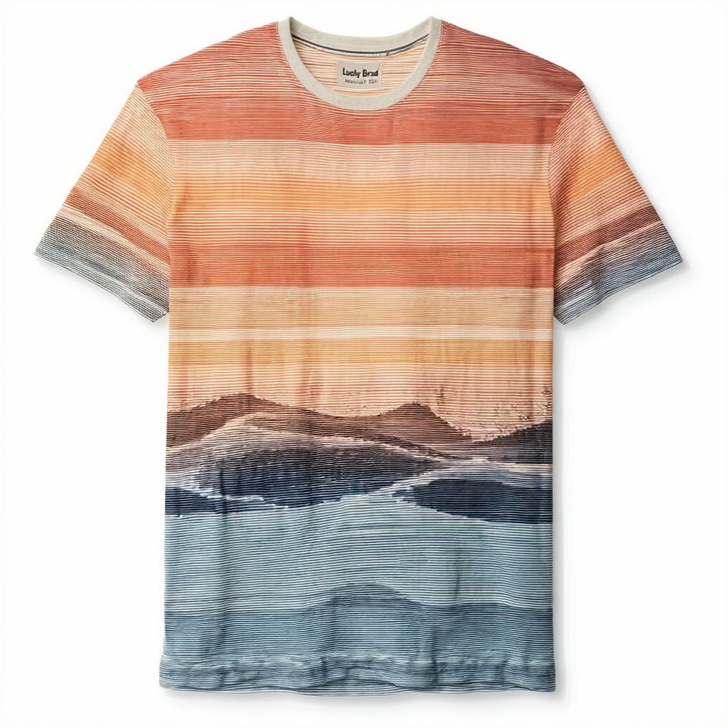 Lucky Brand Men's Short Sleeve Crew Neck Allover Wave Stripe Sunset Tee