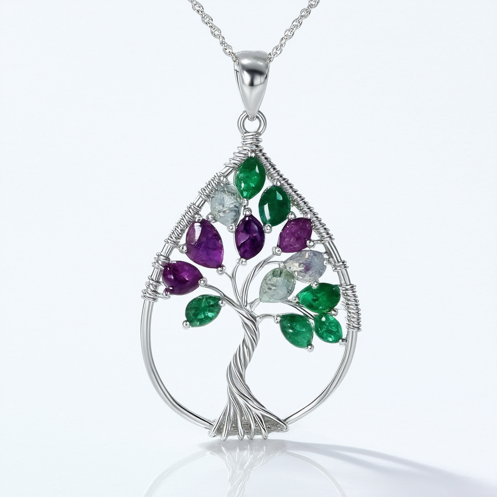 Amazon Collection Sterling Silver Gemstone Teardrop Tree of Life Pendant Necklace, 18"