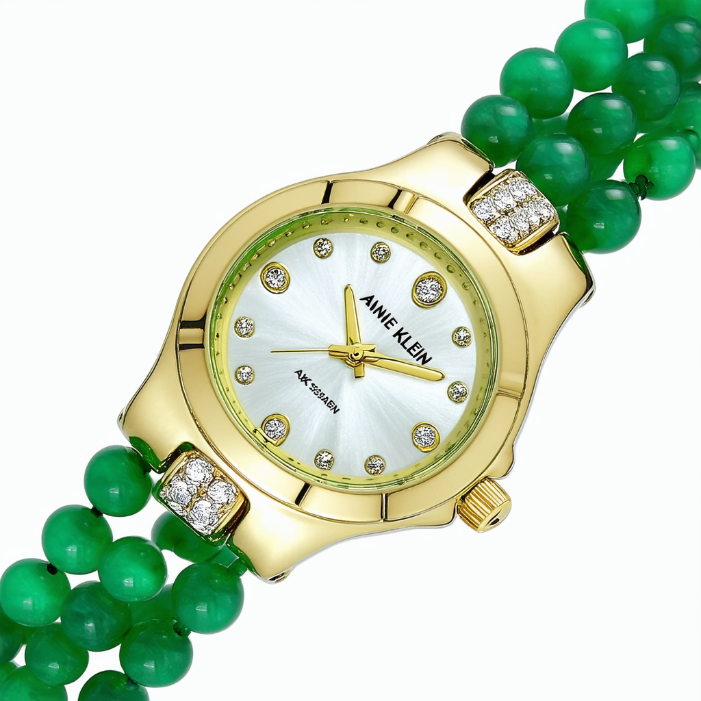 Anne Klein Women's AK/2850JADE Diamond-Accented Gold-Tone Watch and Jade Beaded Bracelet Set