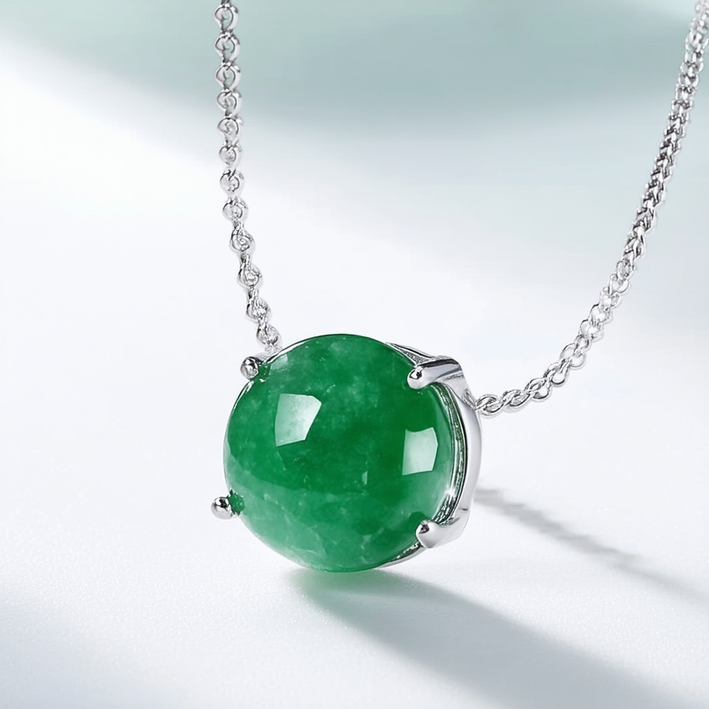 Amazon Collection Sterling Silver Green Jade and Diamond Circle Pendant Necklace on Chain, 18"