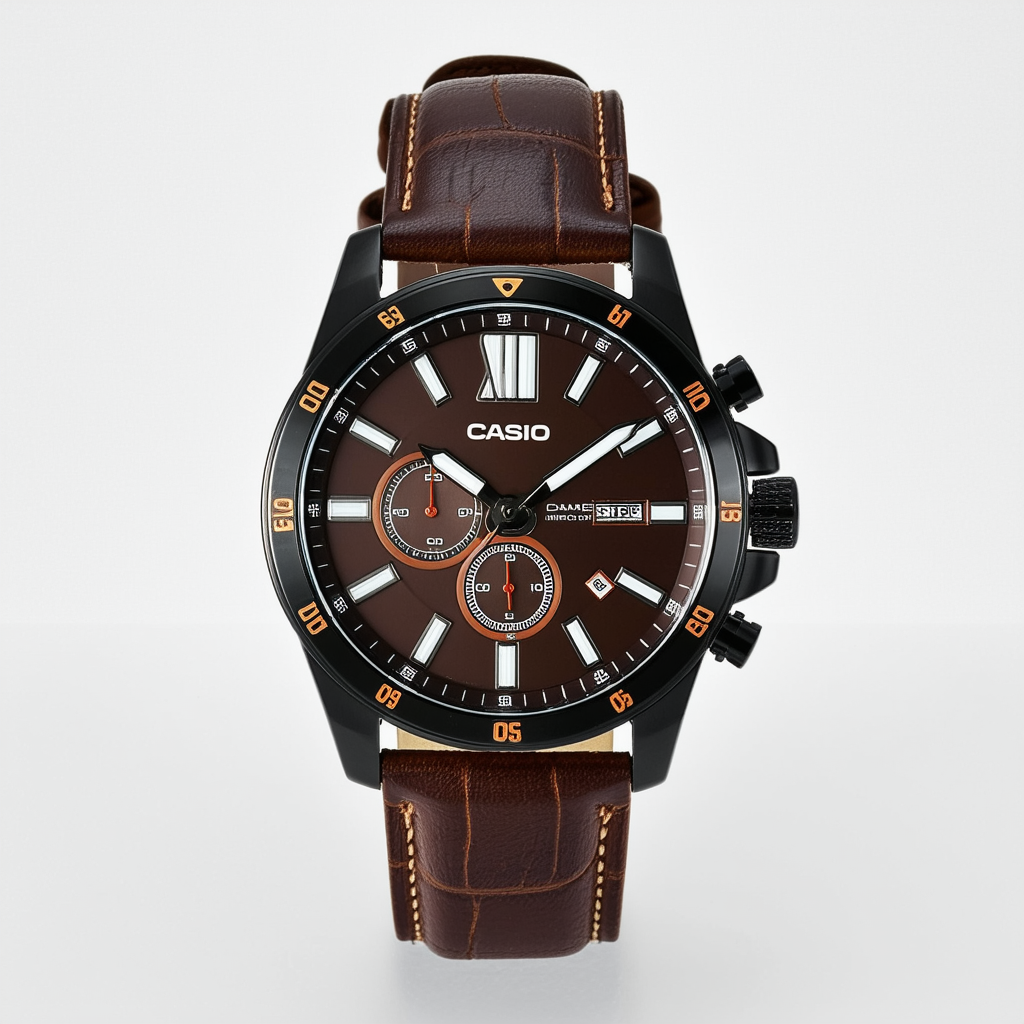 Casio Men's Core MTF110L-5A Black Leather Quartz Watch with Brown Dial