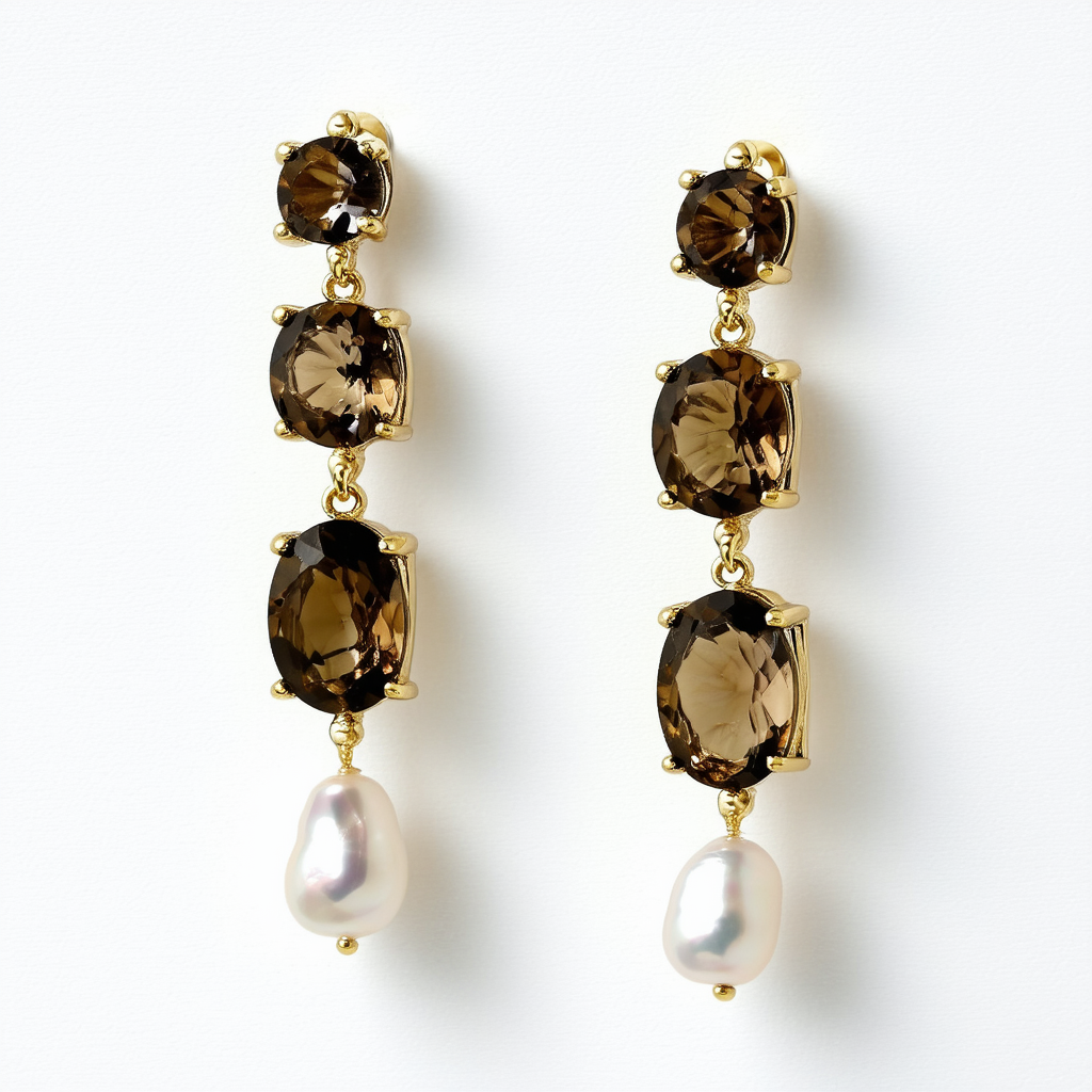 Amazon Collection 14k Yellow Gold Smokey Quartz and Freshwater Cultured Pearl Dangle Earrings