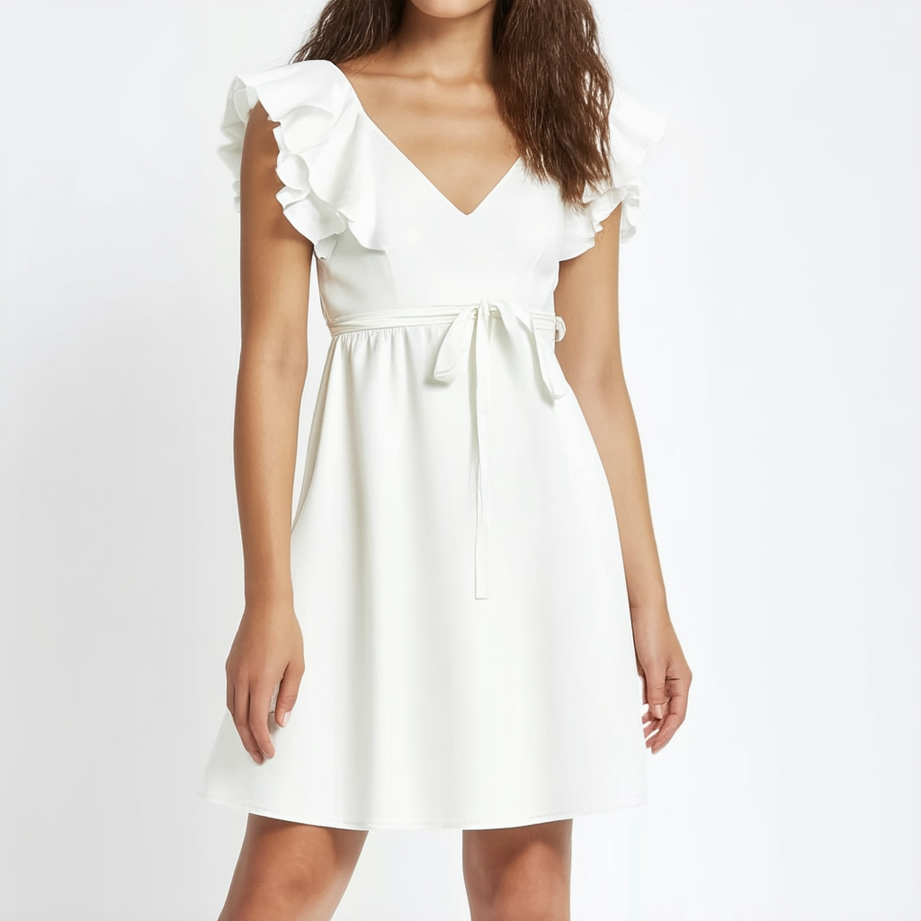 Calvin Klein Women's Ruffle Cap Sleeve A-line Dress with Tie Detail