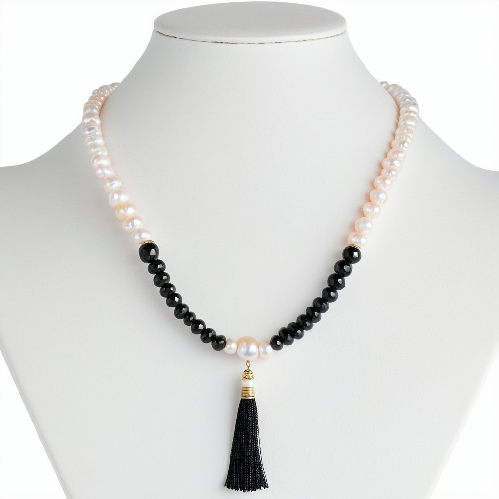 Amazon Collection 3-Row Freshwater Cultured Pearl and Faceted Black Agate Tassel Necklace, 24+3"