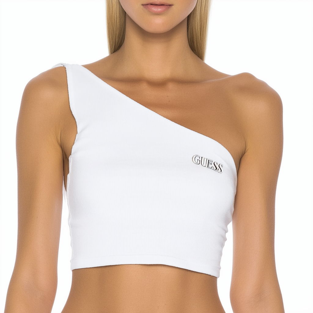 GUESS Women's One Shoulder Tilt Crop Top, True White a, L