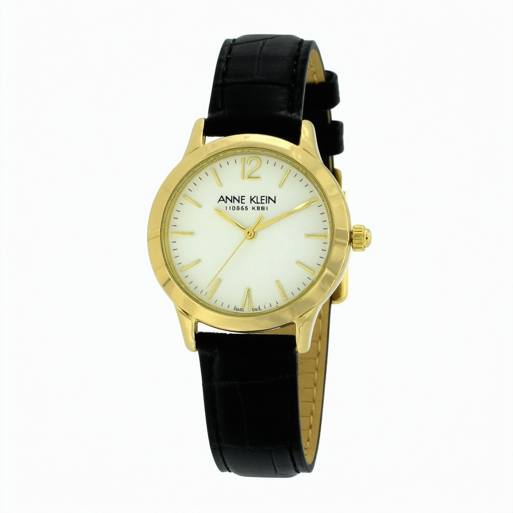 Anne Klein Women's 109656BKBK Gold-Tone Black Plastic Bezel and Black Leather Strap Watch