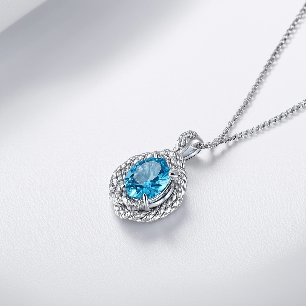 Amazon Collection Sterling Silver Blue Topaz Rope Detail Pendant Necklace
