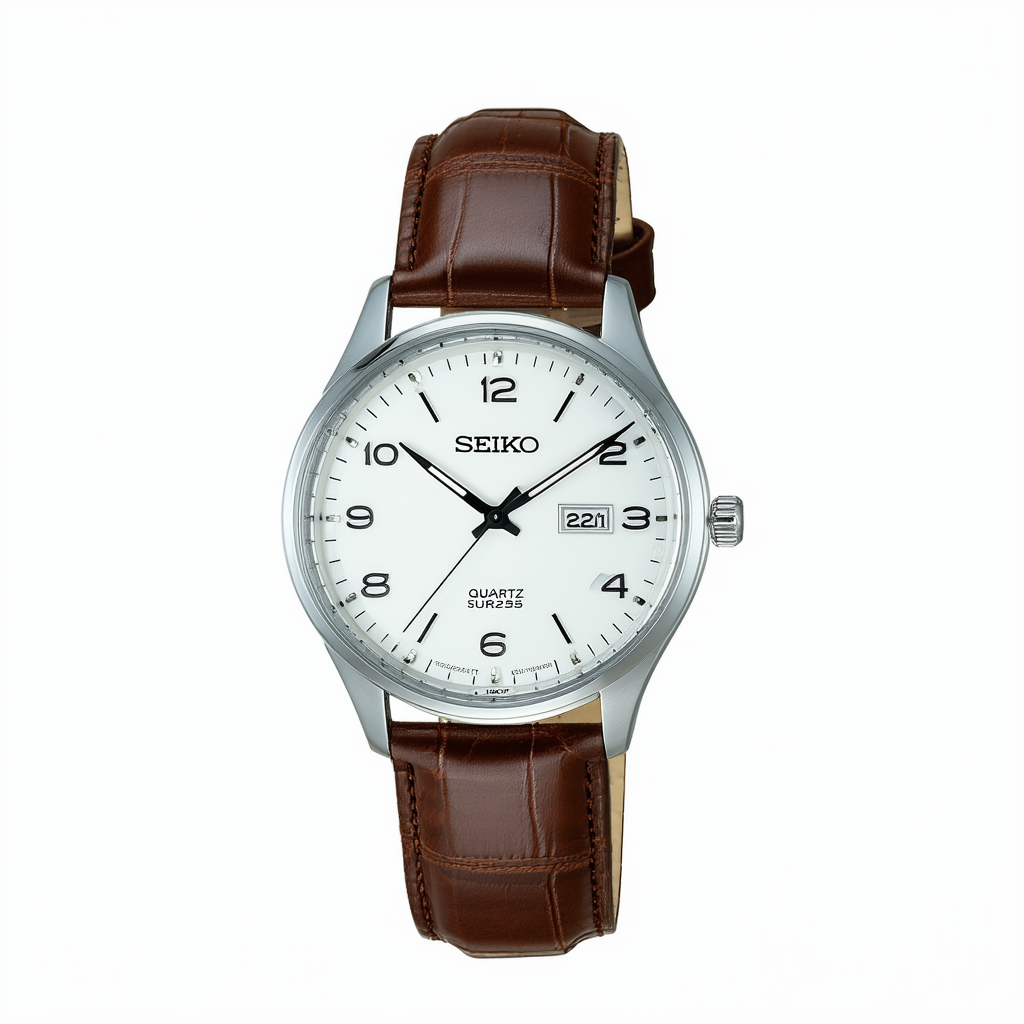 Seiko Men's 42mm Brown Leather Band Steel Case Hardlex Crystal Quartz White Dial Analog Watch SUR252