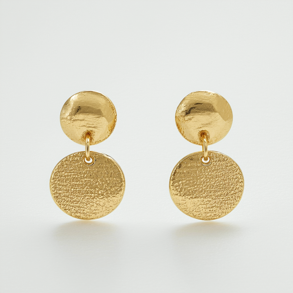 14k Yellow Gold Italian Polished and Textured Double Circle Dangle Earrings