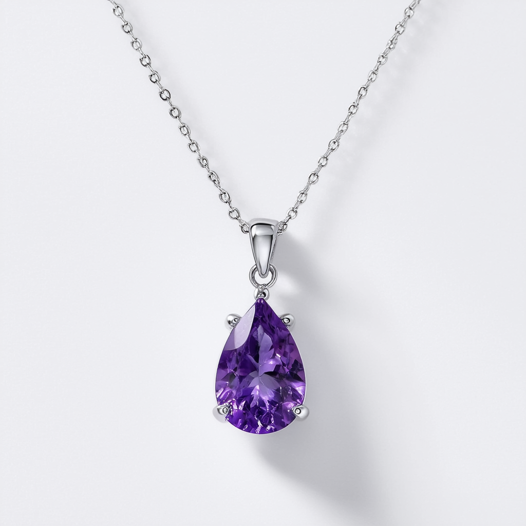 Amazon Collection Amethyst Rhodium Plated Silver teardrop Pendant Necklace