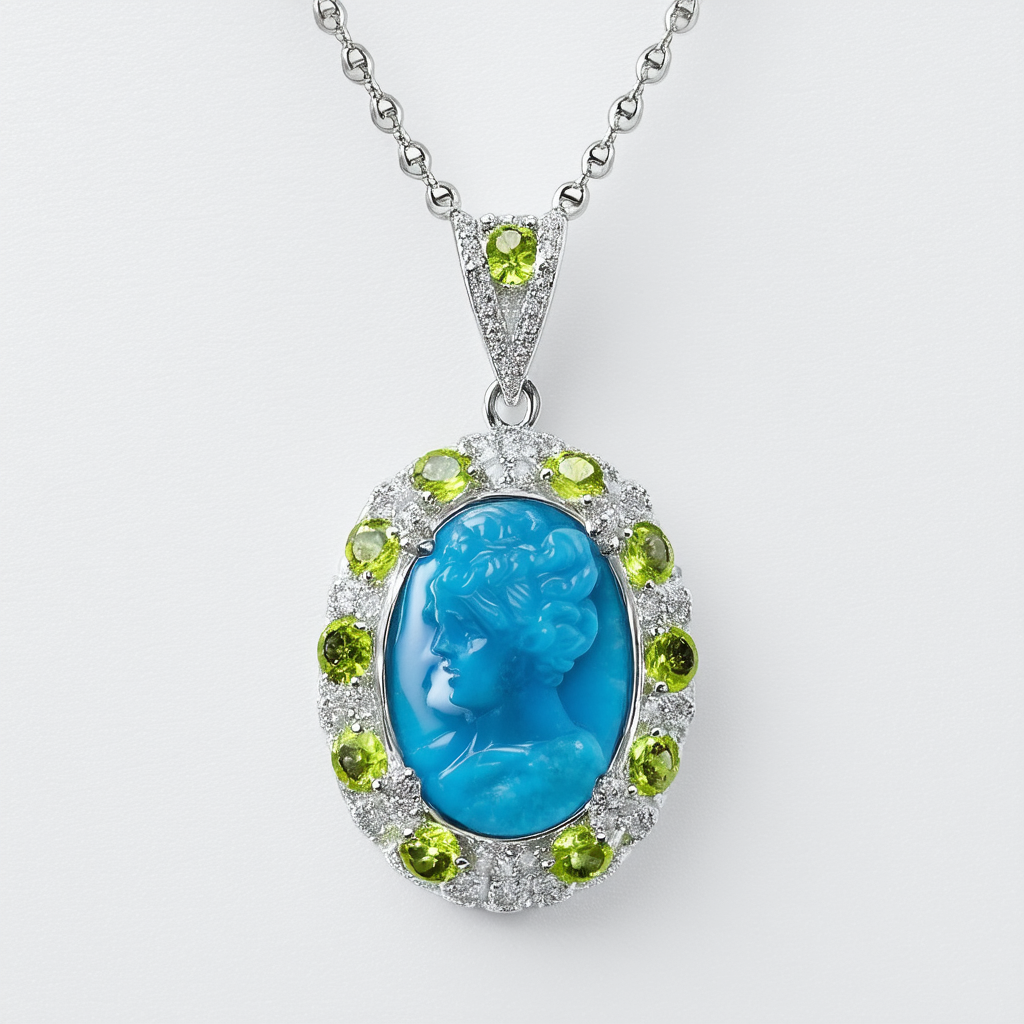 Amazon Collection Sterling Silver Blue Topaz Oval with Peridot Blue Cameo Pendant Necklace, 18"